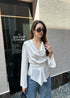 Premium Satin Cowl Neck Waist Tie Trumpet Sleeves Tops